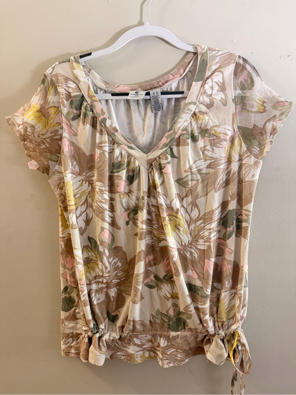 Caribbean Joe Beige Top with Pink Floral Trim